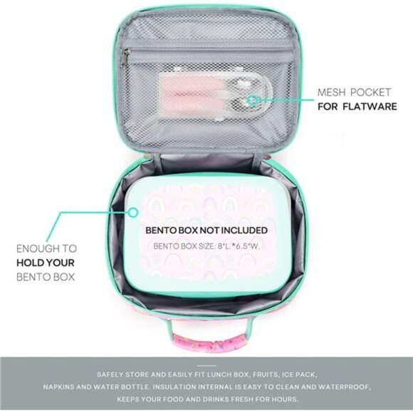 Kids Insulated Lunch Box Pink Rainbow Toddler School Bag Reusable Zipper - Picture 5 of 7